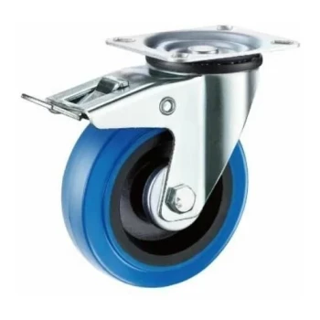 Колеса с эластичной синей резиной (пластиковый обод). Крепление - площадка, поворотные, с тормозом.